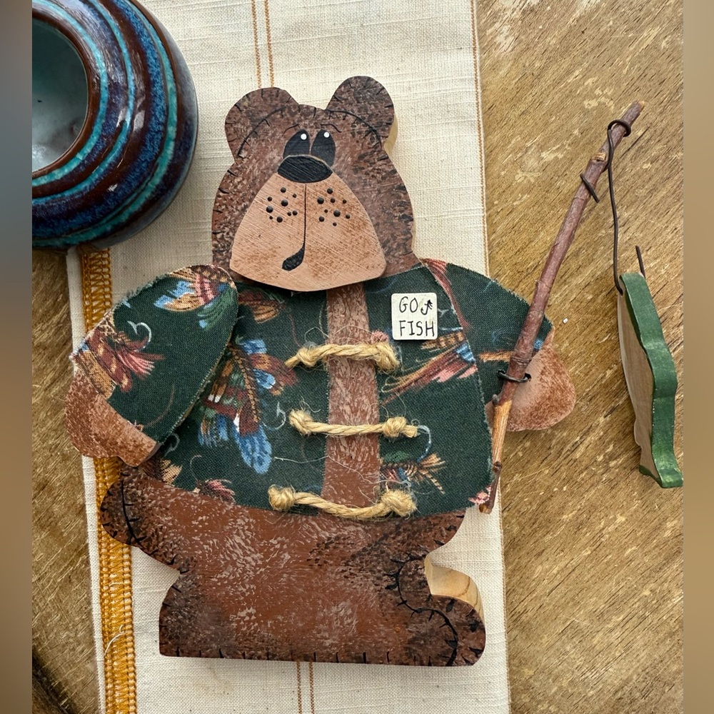 Brown and Green Wooden Bear Figurine with Fishing Rod